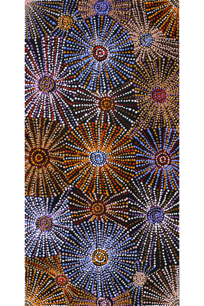 Aboriginal Artwork by Evelyn Nangala Robertson, Ngapa Jukurrpa - Puyurru, 91x46cm