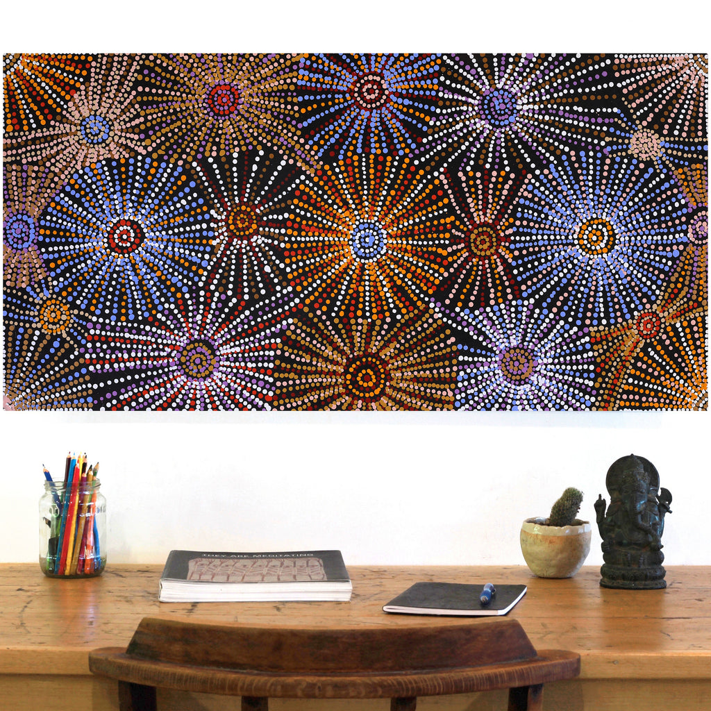Aboriginal Artwork by Evelyn Nangala Robertson, Ngapa Jukurrpa - Puyurru, 91x46cm