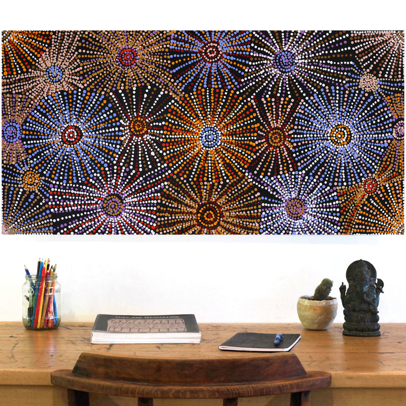 Aboriginal Artwork by Evelyn Nangala Robertson, Ngapa Jukurrpa - Puyurru, 91x46cm