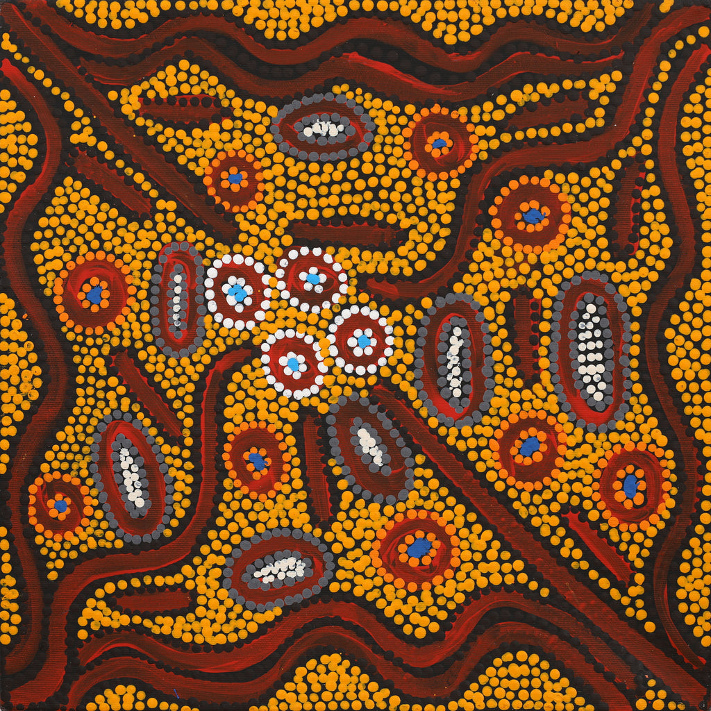 Aboriginal Art by Freda Napaljarri Jurrah, Witi Jukurrpa (Ceremonial Pole Dreaming) - Yanjirlpiri, 40x40cm - ART ARK®