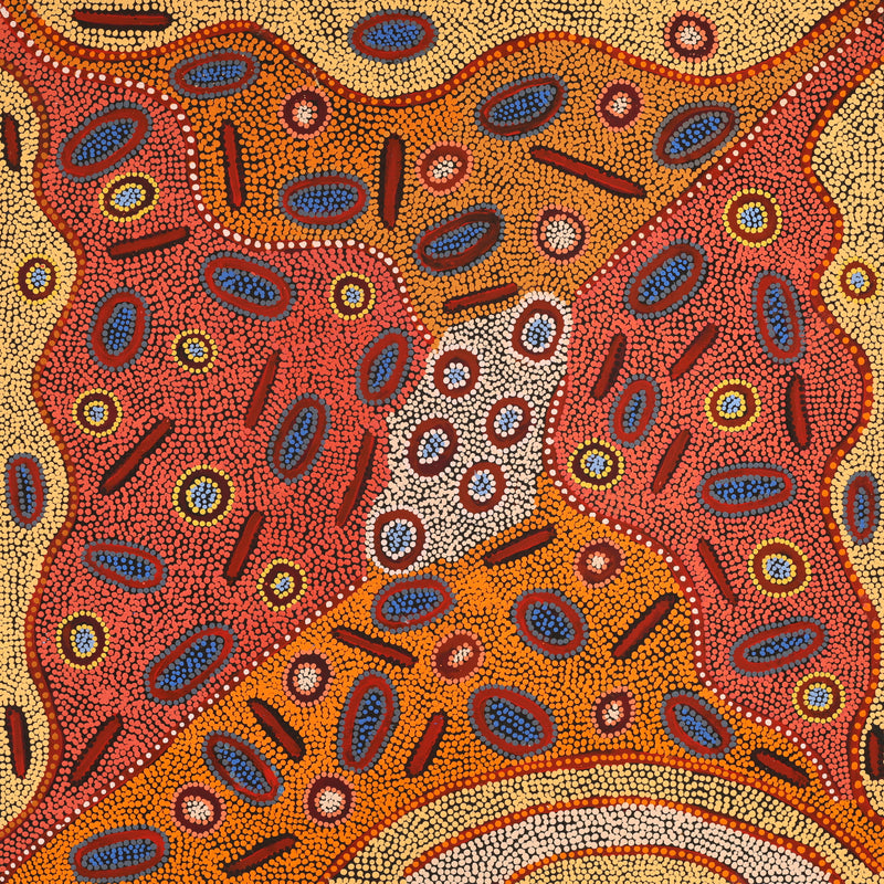 Aboriginal Art by Freda Napaljarri Jurrah, Witi Jukurrpa (Ceremonial Pole Dreaming) - Yanjirlpiri, 91x91cm - ART ARK®