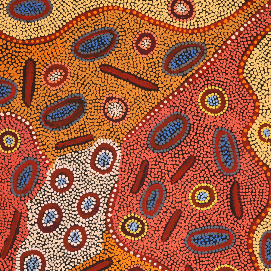 Aboriginal Artwork by Freda Napaljarri Jurrah, Witi Jukurrpa (Ceremonial Pole Dreaming) - Yanjirlpiri, 91x91cm