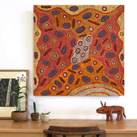Aboriginal Artwork by Freda Napaljarri Jurrah, Witi Jukurrpa (Ceremonial Pole Dreaming) - Yanjirlpiri, 91x91cm
