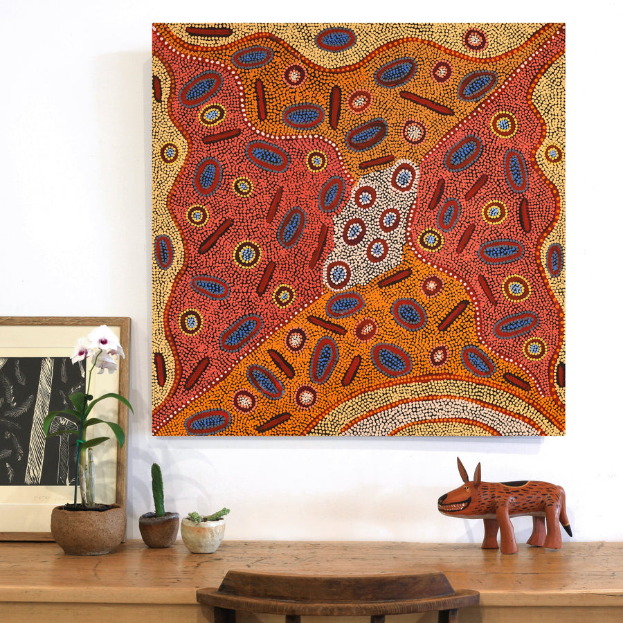 Aboriginal Artwork by Freda Napaljarri Jurrah, Witi Jukurrpa (Ceremonial Pole Dreaming) - Yanjirlpiri, 91x91cm