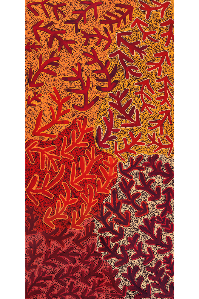 Aboriginal Artwork by Faye Nangala Hudson, Warlukurlangu Jukurrpa (Fire country Dreaming), 122x61cm