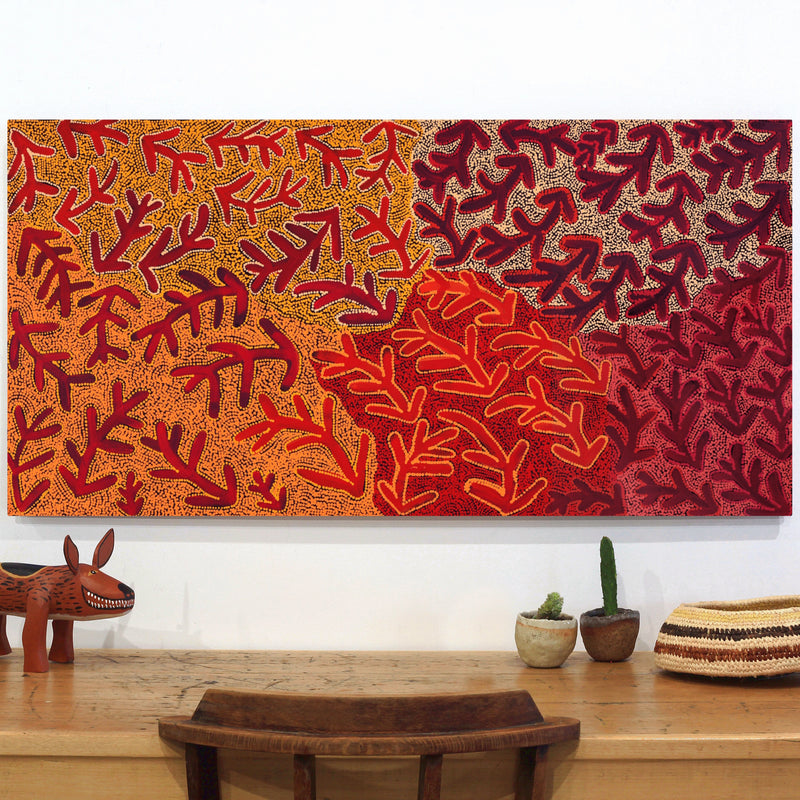 Aboriginal Artwork by Faye Nangala Hudson, Warlukurlangu Jukurrpa (Fire country Dreaming), 122x61cm