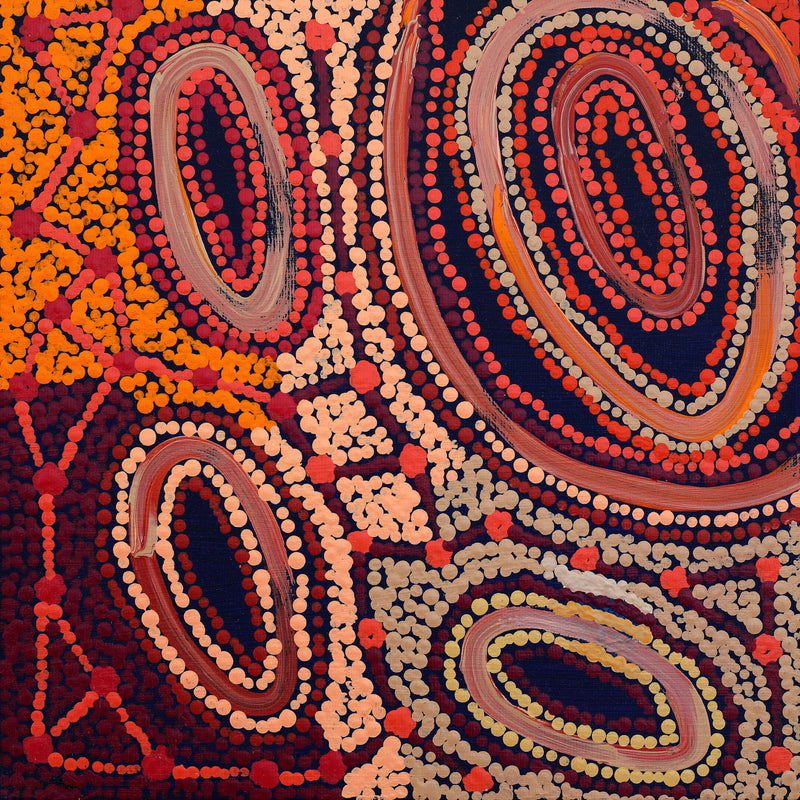 Aboriginal Artwork by Faye Nangala Hudson, Warlukurlangu Jukurrpa (Fire country Dreaming), 30x30cm
