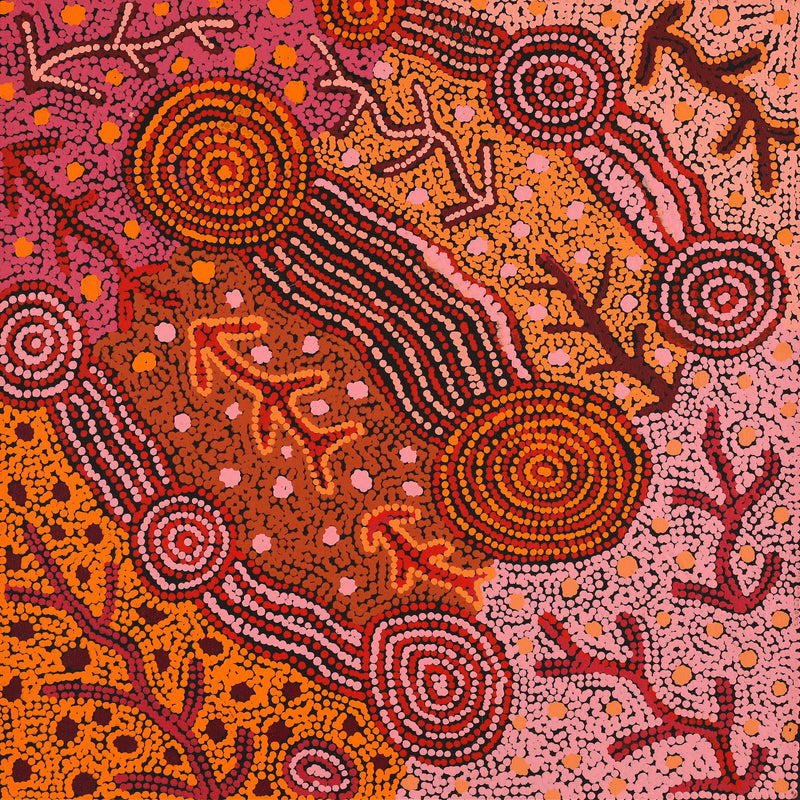 Aboriginal Artwork by Faye Nangala Hudson, Warlukurlangu Jukurrpa (Fire country Dreaming), 46x46cm