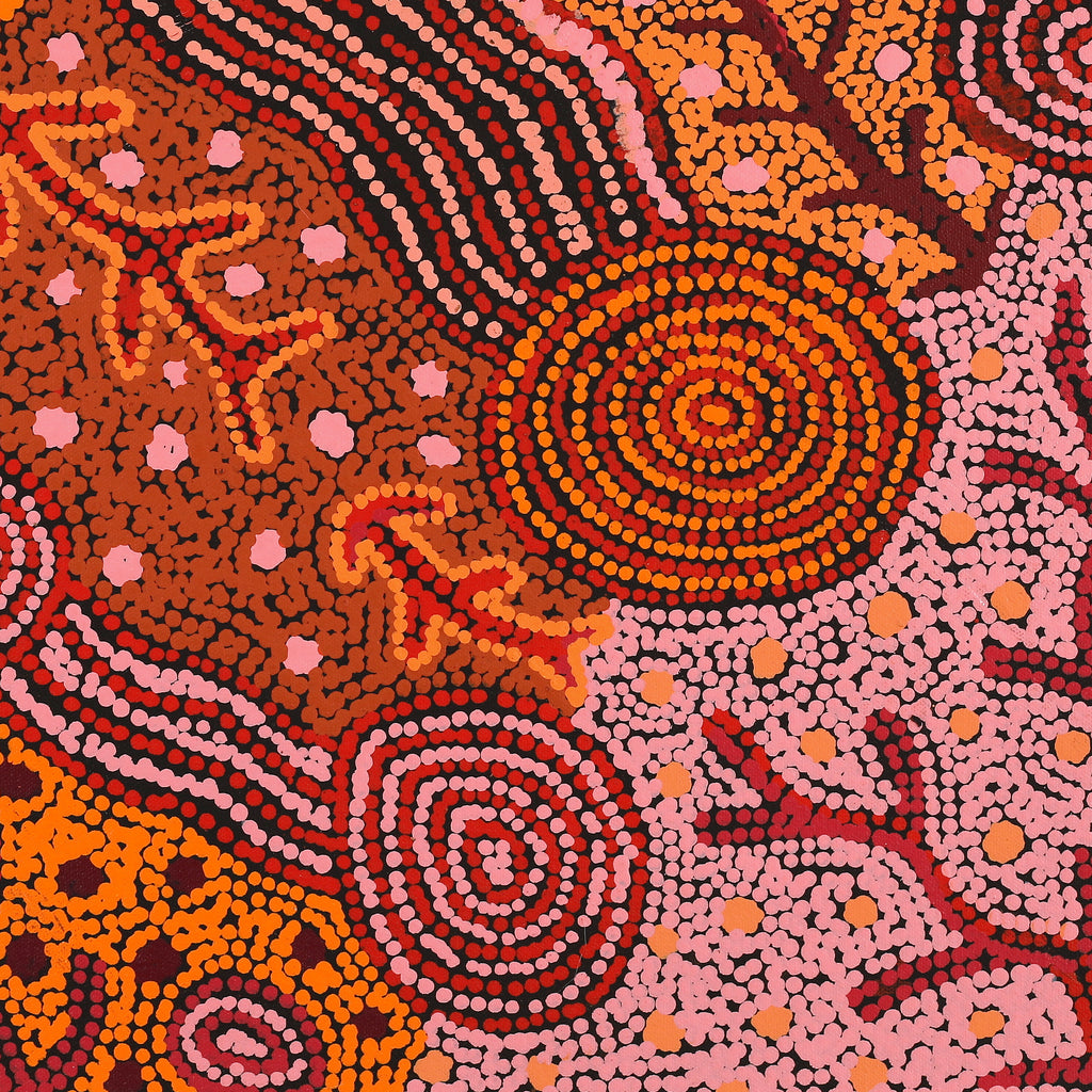 Aboriginal Artwork by Faye Nangala Hudson, Warlukurlangu Jukurrpa (Fire country Dreaming), 46x46cm