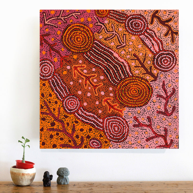 Aboriginal Artwork by Faye Nangala Hudson, Warlukurlangu Jukurrpa (Fire country Dreaming), 46x46cm