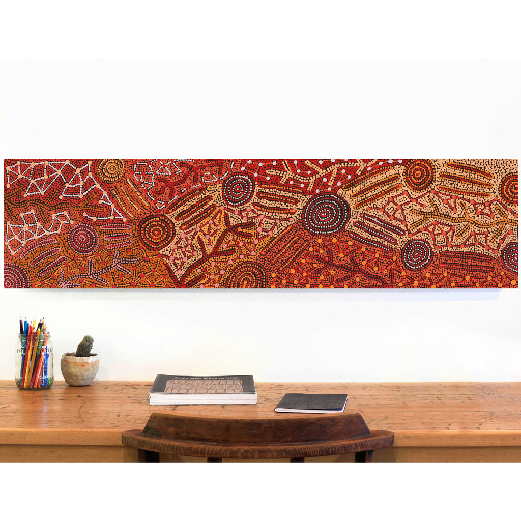 Aboriginal Artwork by Faye Nangala Hudson, Warlukurlangu Jukurrpa (Fire country Dreaming), 122x30cm