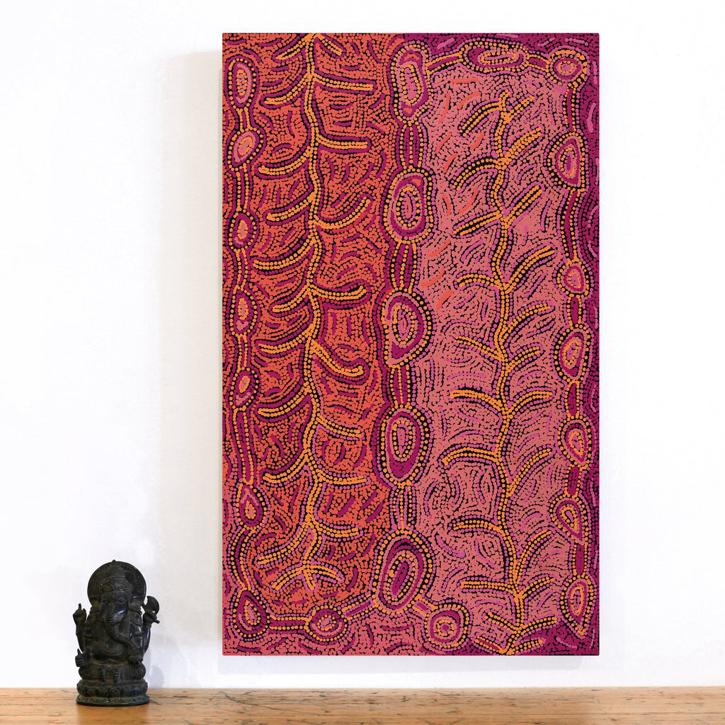 Aboriginal Artwork by Faye Nangala Hudson, Warlukurlangu Jukurrpa (Fire country Dreaming), 76x46cm