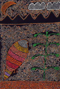 Aboriginal Artwork by Geraldine Napangardi Granites, Jurlpu kuja kalu nyinami Yurntumu-wana (Birds that live around Yuendumu), 91x61cm