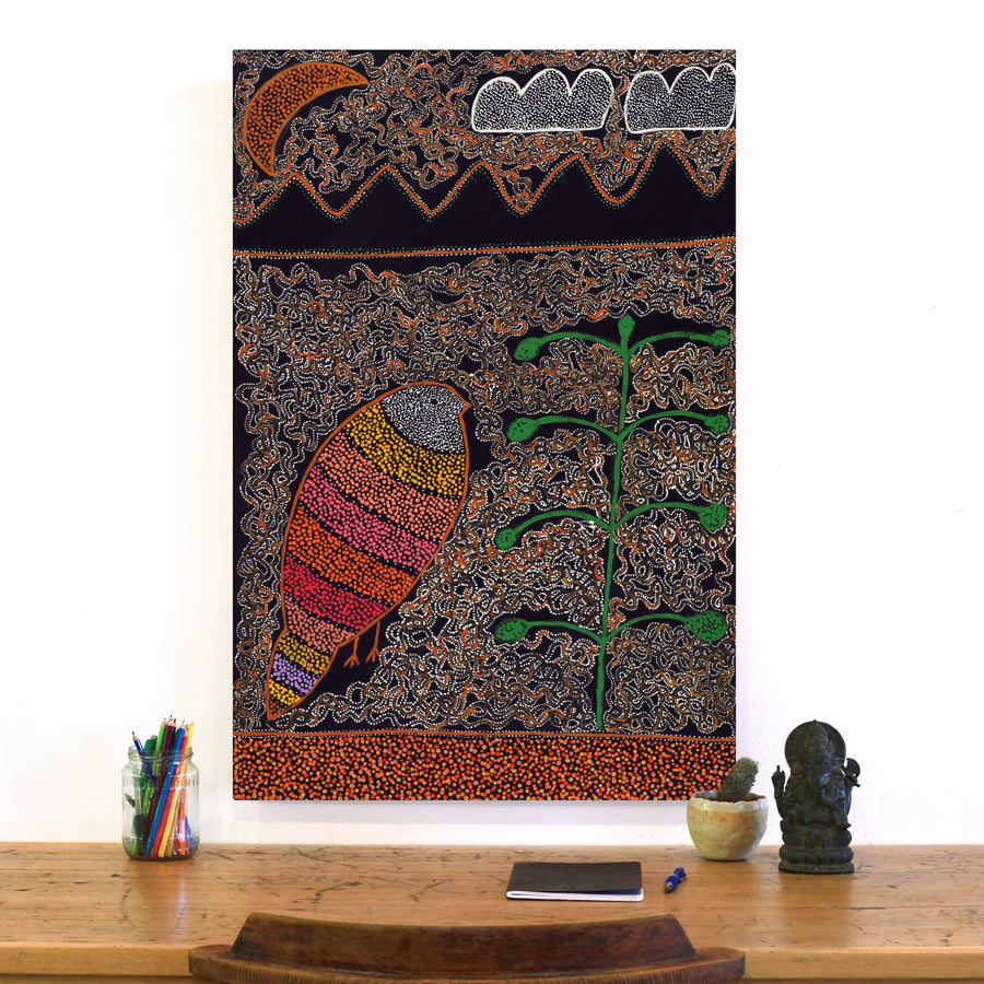 Aboriginal Artwork by Geraldine Napangardi Granites, Jurlpu kuja kalu nyinami Yurntumu-wana (Birds that live around Yuendumu), 91x61cm