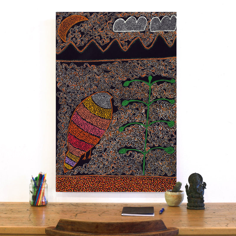 Aboriginal Artwork by Geraldine Napangardi Granites, Jurlpu kuja kalu nyinami Yurntumu-wana (Birds that live around Yuendumu), 91x61cm