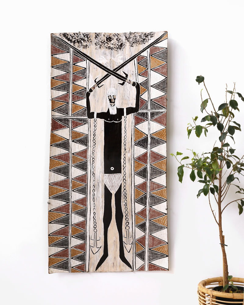 Aboriginal Artwork by Gamanarra Wunuŋmurra, Gurrumuru Birrinydji, 128x62cm Bark