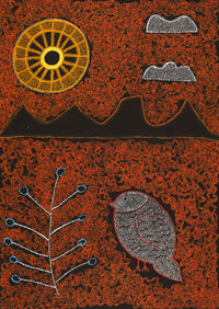 Aboriginal Artwork by Geraldine Napangardi Granites, Jurlpu kuja kalu nyinami Yurntumu-wana (Birds that live around Yuendumu), 107x76cm