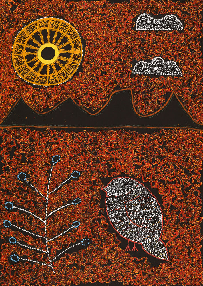 Aboriginal Artwork by Geraldine Napangardi Granites, Jurlpu kuja kalu nyinami Yurntumu-wana (Birds that live around Yuendumu), 107x76cm
