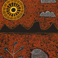 Aboriginal Artwork by Geraldine Napangardi Granites, Jurlpu kuja kalu nyinami Yurntumu-wana (Birds that live around Yuendumu), 107x76cm