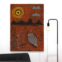 Aboriginal Artwork by Geraldine Napangardi Granites, Jurlpu kuja kalu nyinami Yurntumu-wana (Birds that live around Yuendumu), 107x76cm