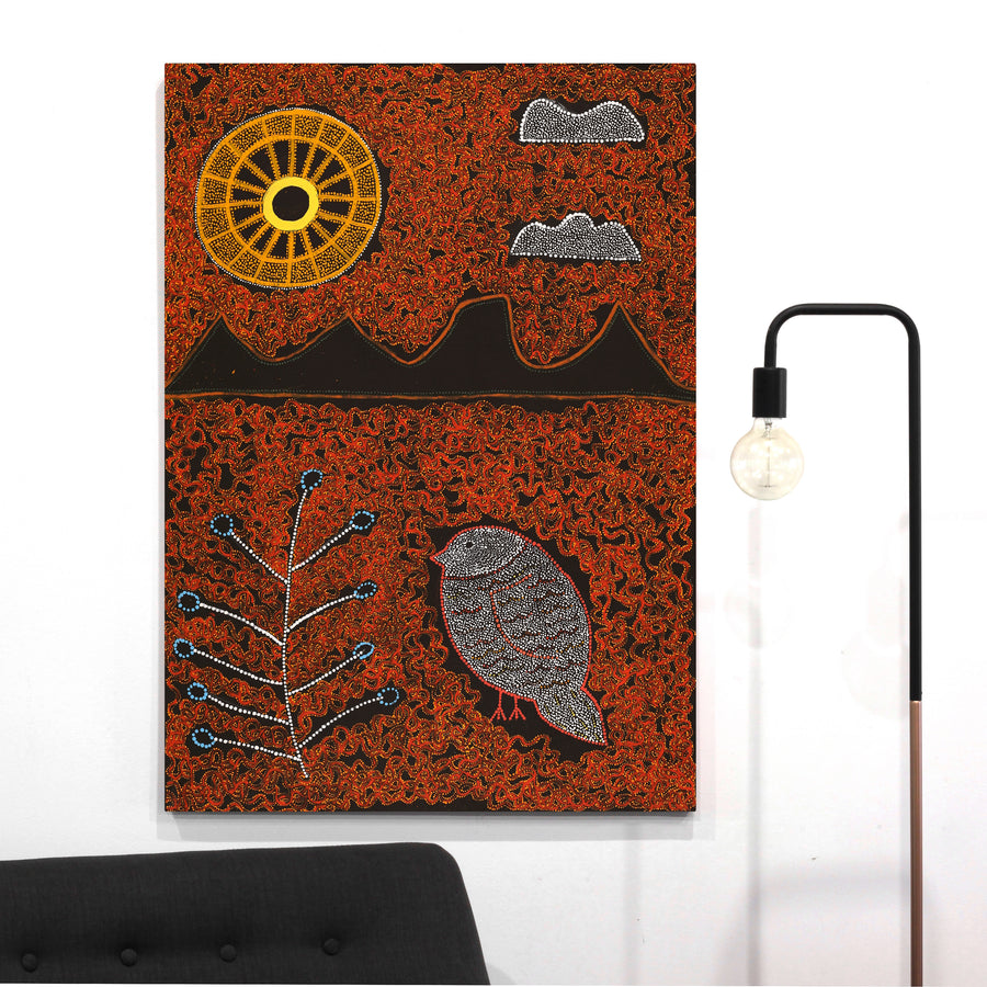 Aboriginal Artwork by Geraldine Napangardi Granites, Jurlpu kuja kalu nyinami Yurntumu-wana (Birds that live around Yuendumu), 107x76cm