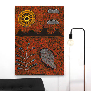 Aboriginal Artwork by Geraldine Napangardi Granites, Jurlpu kuja kalu nyinami Yurntumu-wana (Birds that live around Yuendumu), 107x76cm - ART ARK®