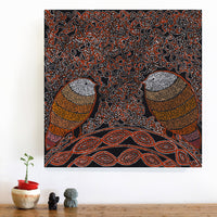 Aboriginal Artwork by Geraldine Napangardi Granites, Jurlpu kuja kalu nyinami Yurntumu-wana (Birds that live around Yuendumu), 46x46cm