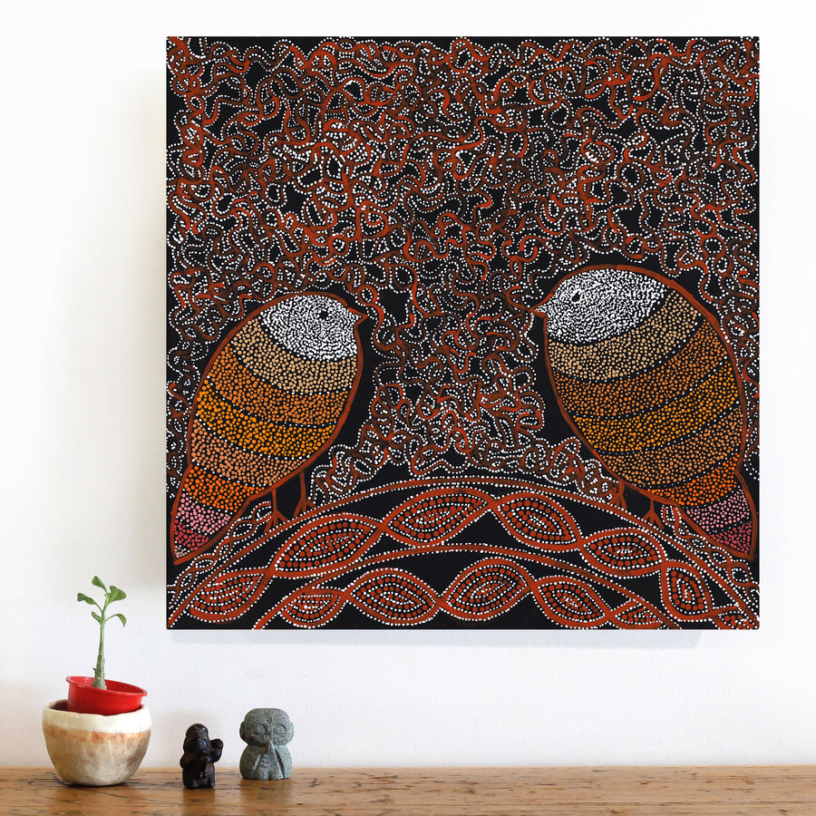 Aboriginal Artwork by Geraldine Napangardi Granites, Jurlpu kuja kalu nyinami Yurntumu-wana (Birds that live around Yuendumu), 46x46cm