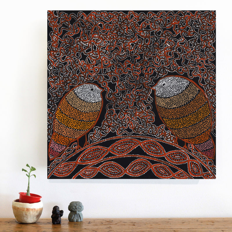 Aboriginal Artwork by Geraldine Napangardi Granites, Jurlpu kuja kalu nyinami Yurntumu-wana (Birds that live around Yuendumu), 46x46cm