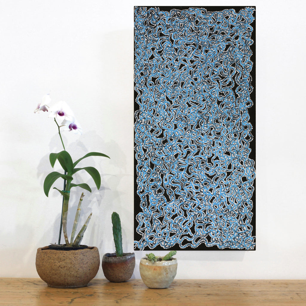 Aboriginal Artwork by Geraldine Napangardi Granites, Ngalyipi Jukurrpa (Snake Vine Dreaming) - Purturlu, 61x30cm