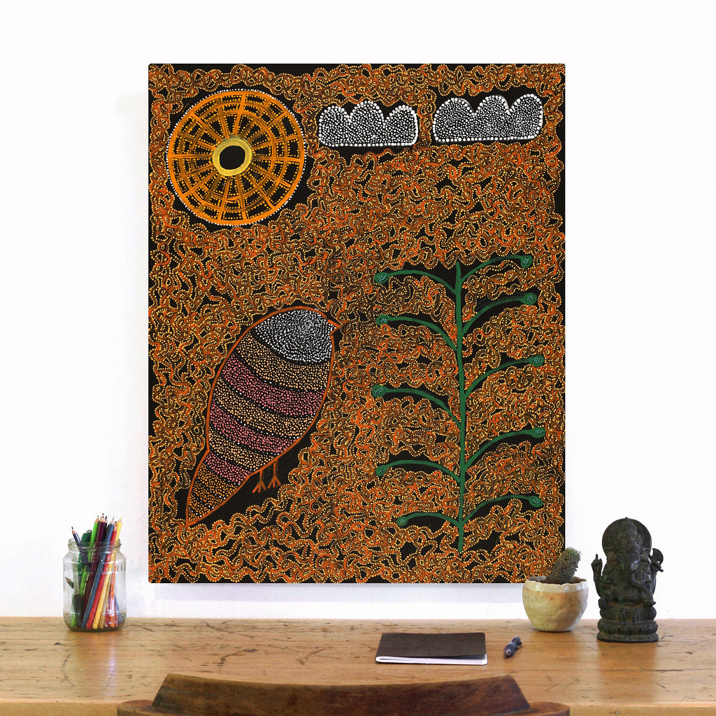 Aboriginal Artwork by Geraldine Napangardi Granites, Jurlpu kuja kalu nyinami Yurntumu-wana (Birds that live around Yuendumu), 76x61cm
