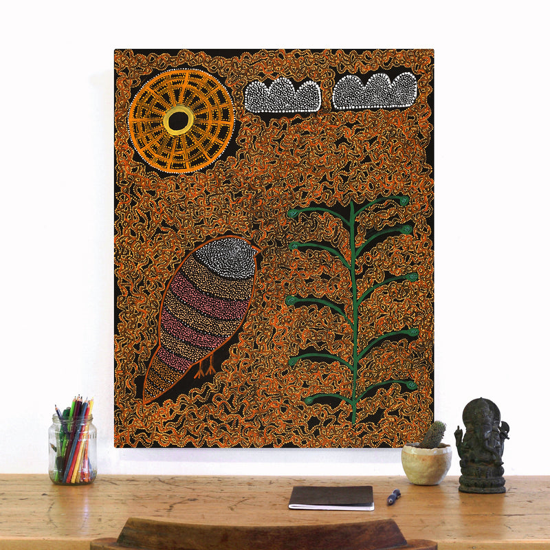 Aboriginal Artwork by Geraldine Napangardi Granites, Jurlpu kuja kalu nyinami Yurntumu-wana (Birds that live around Yuendumu), 76x61cm