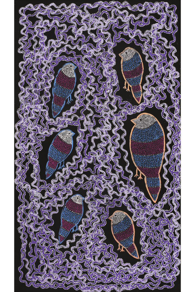 Aboriginal Artwork by Geraldine Napangardi Granites, Ngalyipi Jukurrpa (Snakevine Dreaming) - Mina Mina, 107x61cm