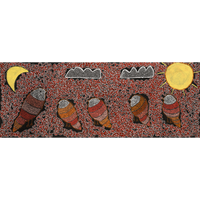 Aboriginal Artwork by Geraldine Napangardi Granites, Jurlpu kuja kalu nyinami Yurntumu-wana (Birds that live around Yuendumu), 122x46cm