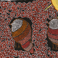 Aboriginal Artwork by Geraldine Napangardi Granites, Jurlpu kuja kalu nyinami Yurntumu-wana (Birds that live around Yuendumu), 122x46cm