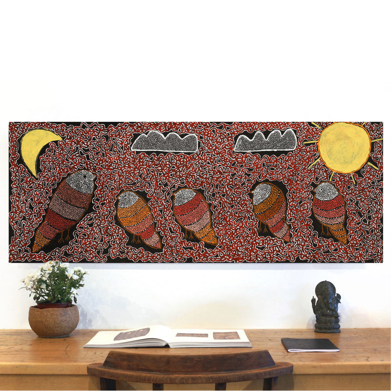 Aboriginal Artwork by Geraldine Napangardi Granites, Jurlpu kuja kalu nyinami Yurntumu-wana (Birds that live around Yuendumu), 122x46cm
