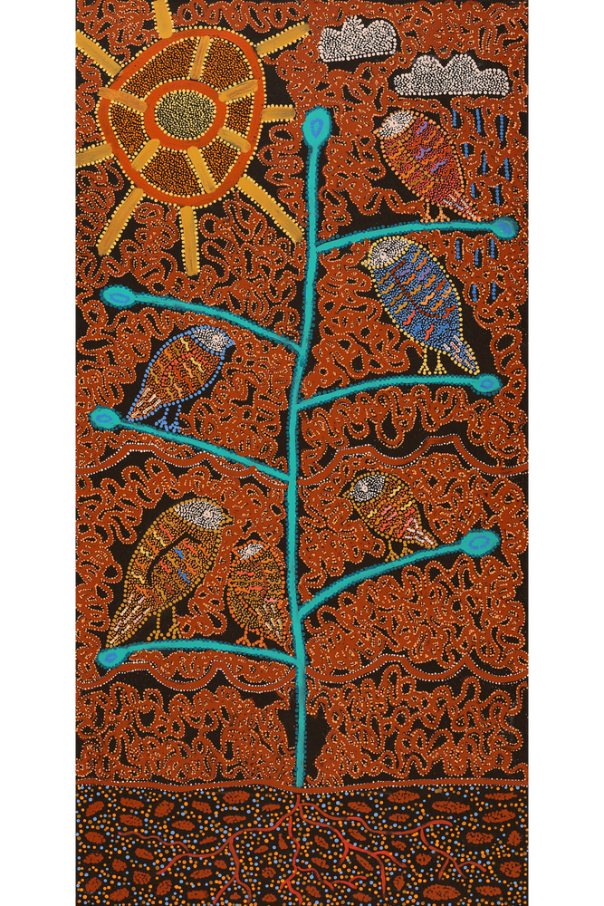 Aboriginal Artwork by Geraldine Napangardi Granites, Ngalyipi Jukurrpa (Snake Vine Dreaming) - Purturlu, 122x61cm