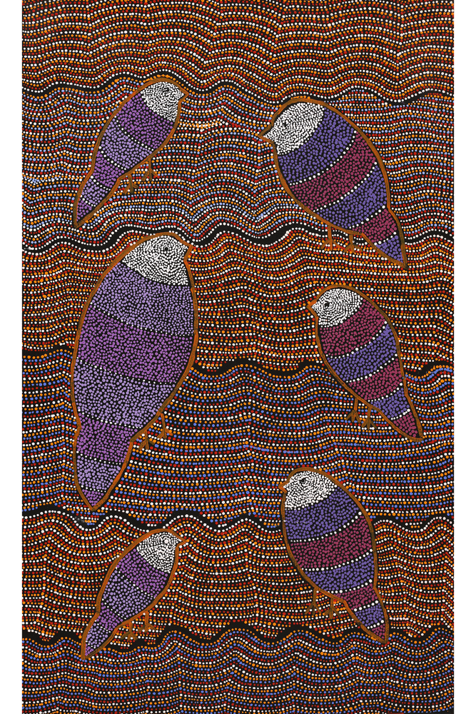 Aboriginal Artwork by Geraldine Napangardi Granites, Jurlpu kuja kalu nyinami Yurntumu-wana (Birds that live around Yuendumu), 76x46cm