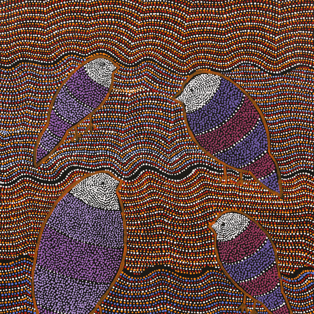 Aboriginal Artwork by Geraldine Napangardi Granites, Jurlpu kuja kalu nyinami Yurntumu-wana (Birds that live around Yuendumu), 76x46cm