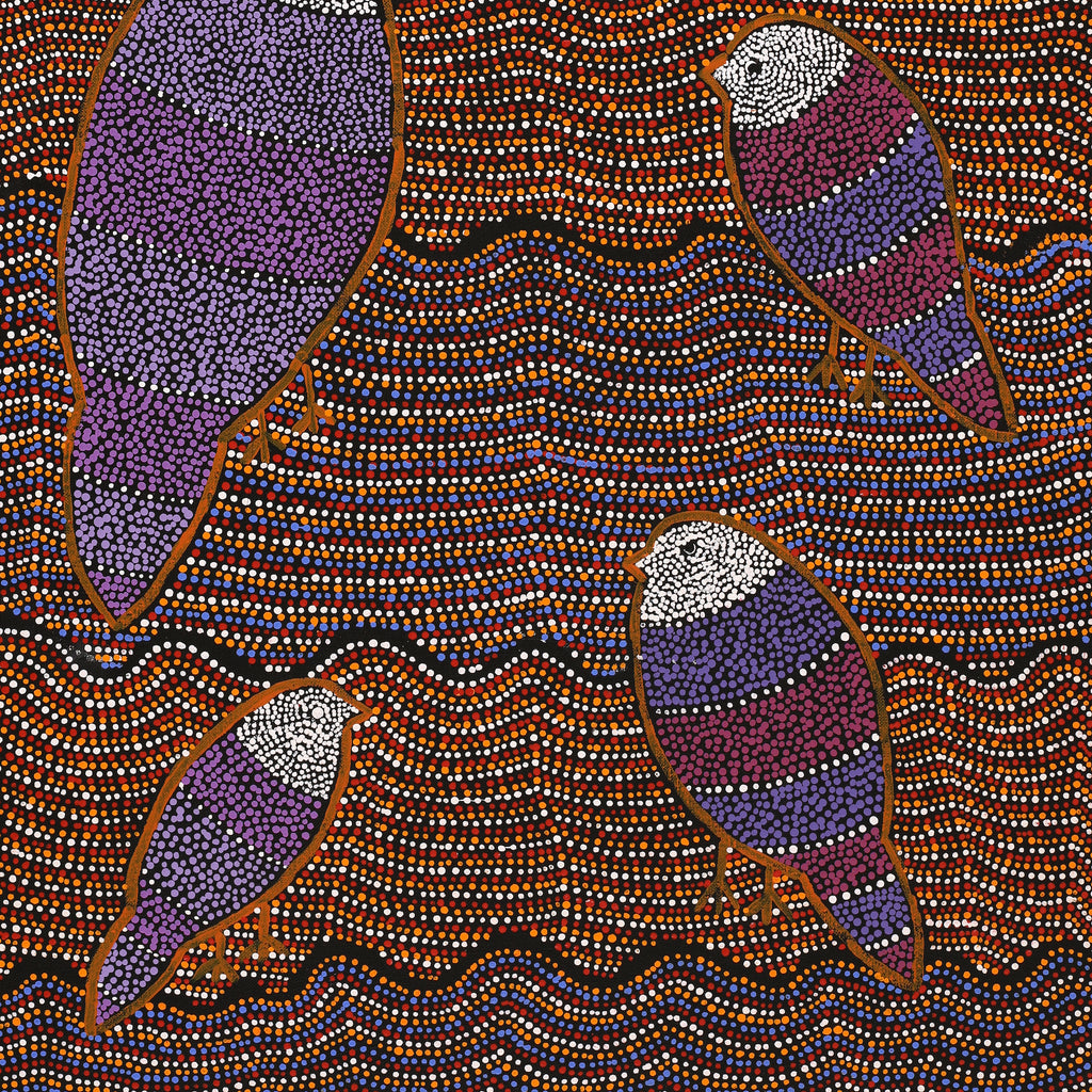 Aboriginal Artwork by Geraldine Napangardi Granites, Jurlpu kuja kalu nyinami Yurntumu-wana (Birds that live around Yuendumu), 76x46cm