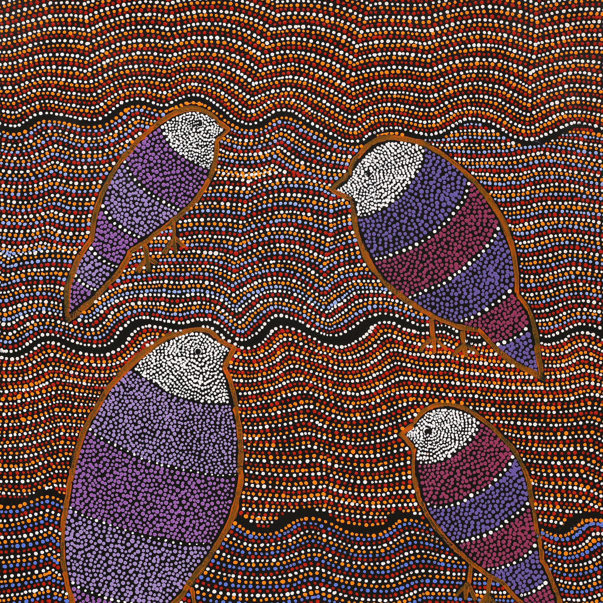 Aboriginal Art by Geraldine Napangardi Granites, Jurlpu kuja kalu nyinami Yurntumu-wana (Birds that live around Yuendumu), 76x46cm - ART ARK®