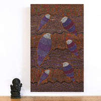 Aboriginal Artwork by Geraldine Napangardi Granites, Jurlpu kuja kalu nyinami Yurntumu-wana (Birds that live around Yuendumu), 76x46cm