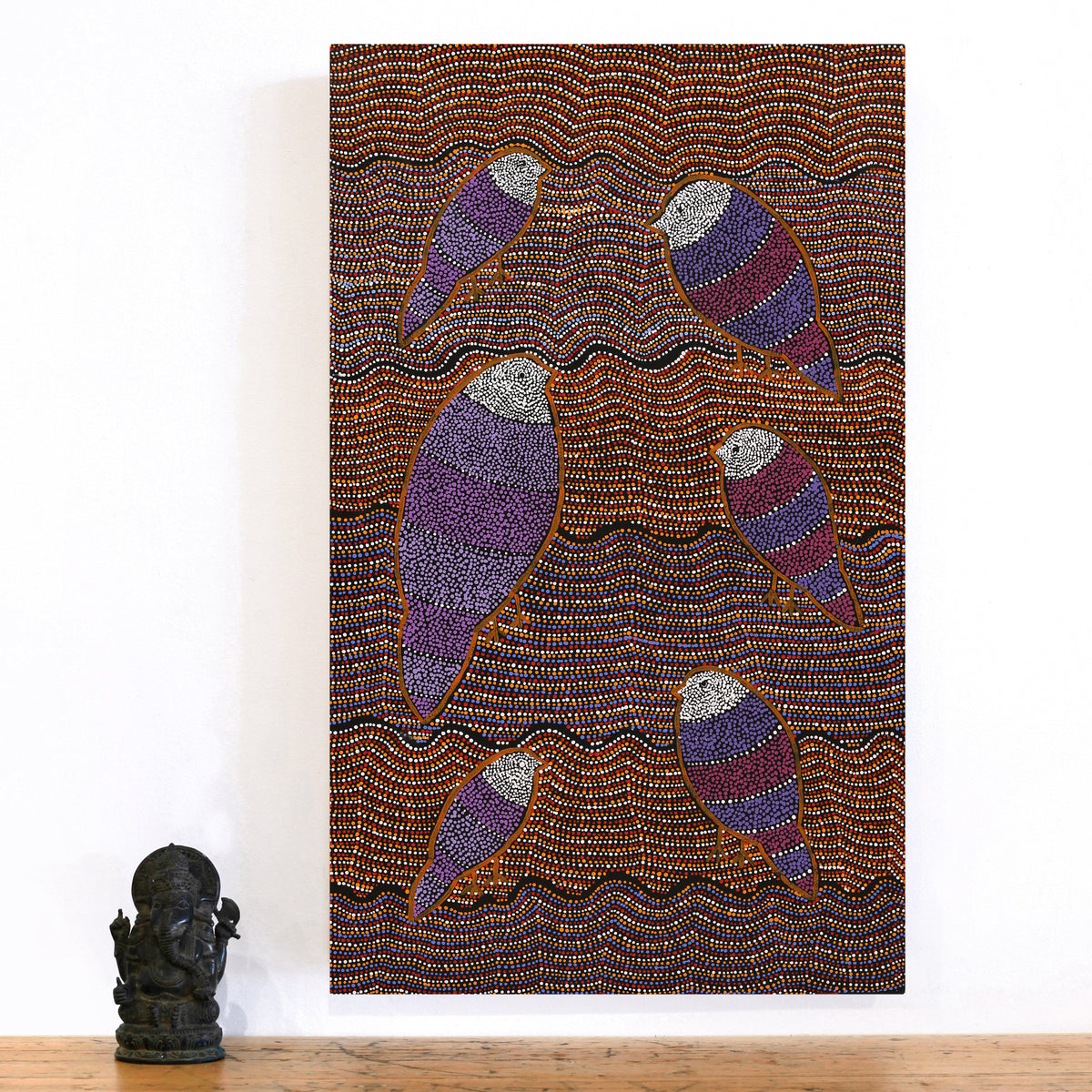 Aboriginal Art by Geraldine Napangardi Granites, Jurlpu kuja kalu nyinami Yurntumu-wana (Birds that live around Yuendumu), 76x46cm - ART ARK®