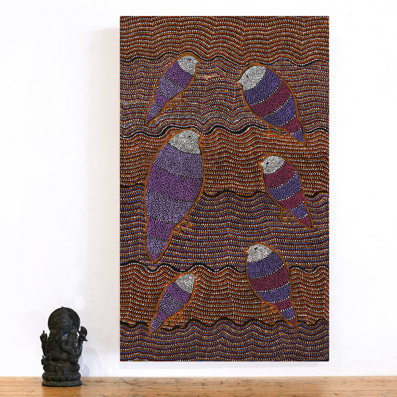 Aboriginal Artwork by Geraldine Napangardi Granites, Jurlpu kuja kalu nyinami Yurntumu-wana (Birds that live around Yuendumu), 76x46cm