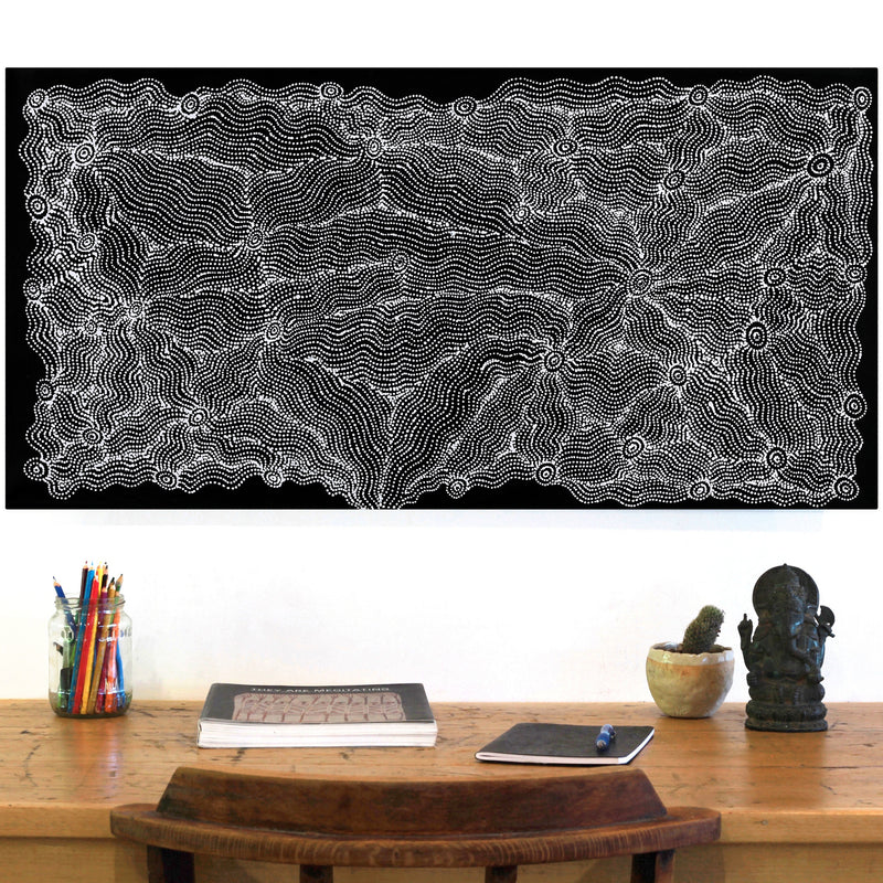 Aboriginal Artwork by Geraldine Napangardi Granites, Ngalyipi Jukurrpa (Snakevine Dreaming) - Mina Mina, 91x46cm