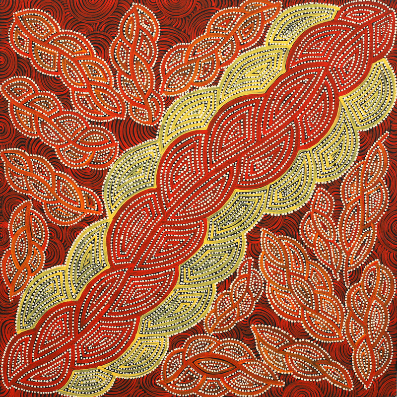 Aboriginal Artwork by Geraldine Napurrurla Langdon, Ngurlu Jukurrpa (Native Seed Dreaming), 40x40cm