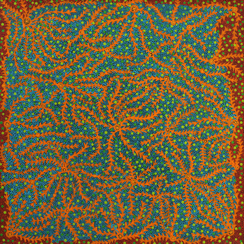 Aboriginal Artwork by Geraldine Napurrurla Langdon, Ngurlu Jukurrpa (Native Seed Dreaming), 61x61cm