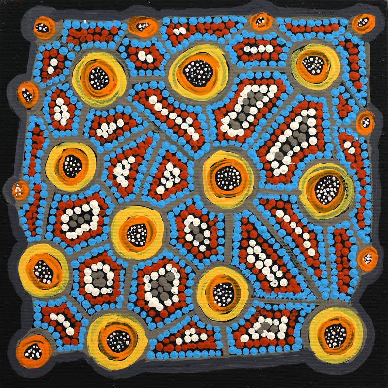 Aboriginal Artwork by Geraldine Napurrurla Wilson, Yawakiyi Jukurrpa (Native Currant Dreaming), 30x30cm