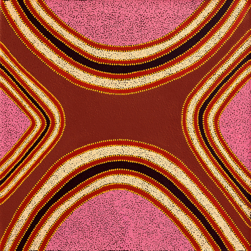 Aboriginal Artwork by Gina Nangala Sunfly, Mulupuku Jukurrpa (Native Grass Seed Dreaming), 91x91cm