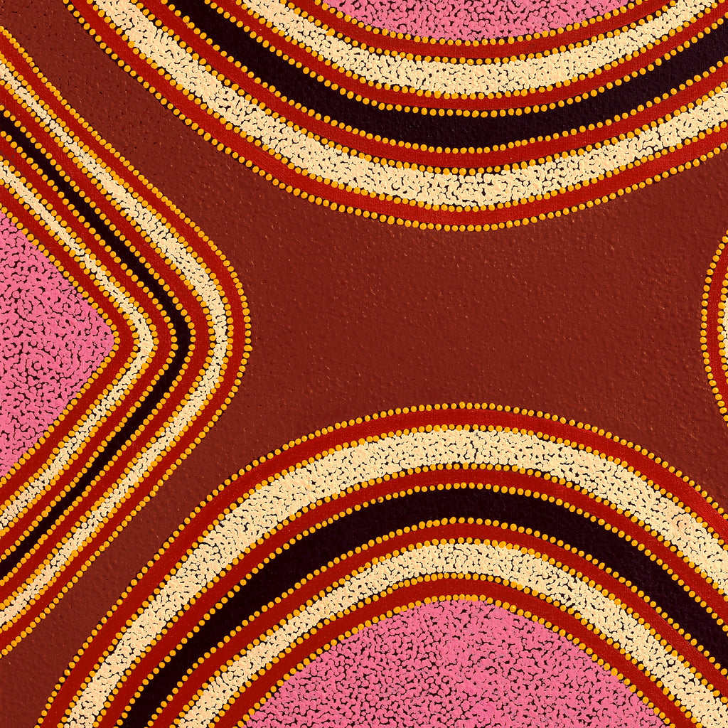Aboriginal Artwork by Gina Nangala Sunfly, Mulupuku Jukurrpa (Native Grass Seed Dreaming), 91x91cm